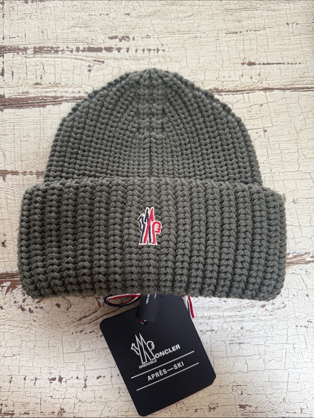 Moncler Olive Ribbed Knit Beanie with Tricolor Logo